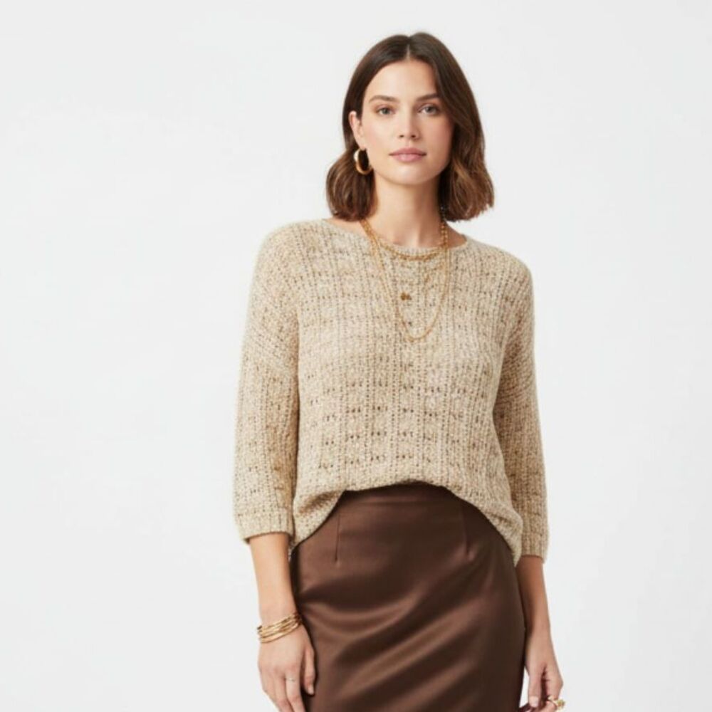 Eileen Fisher Tan Woven Loose Weave 1/2 Sleeve Sweater XS